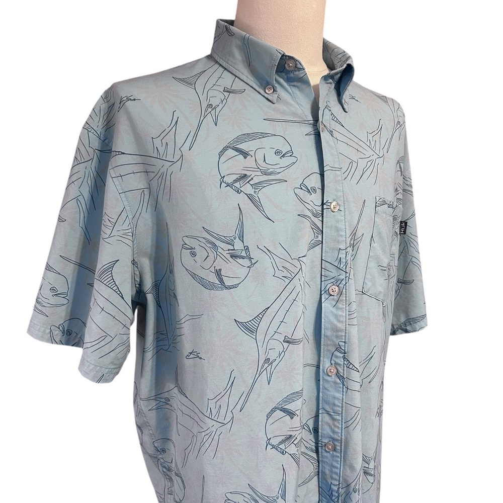HUK Mens Fishing Shirt XXL Marlin Button Down Performance Blue UPF Gorp AOP Fish